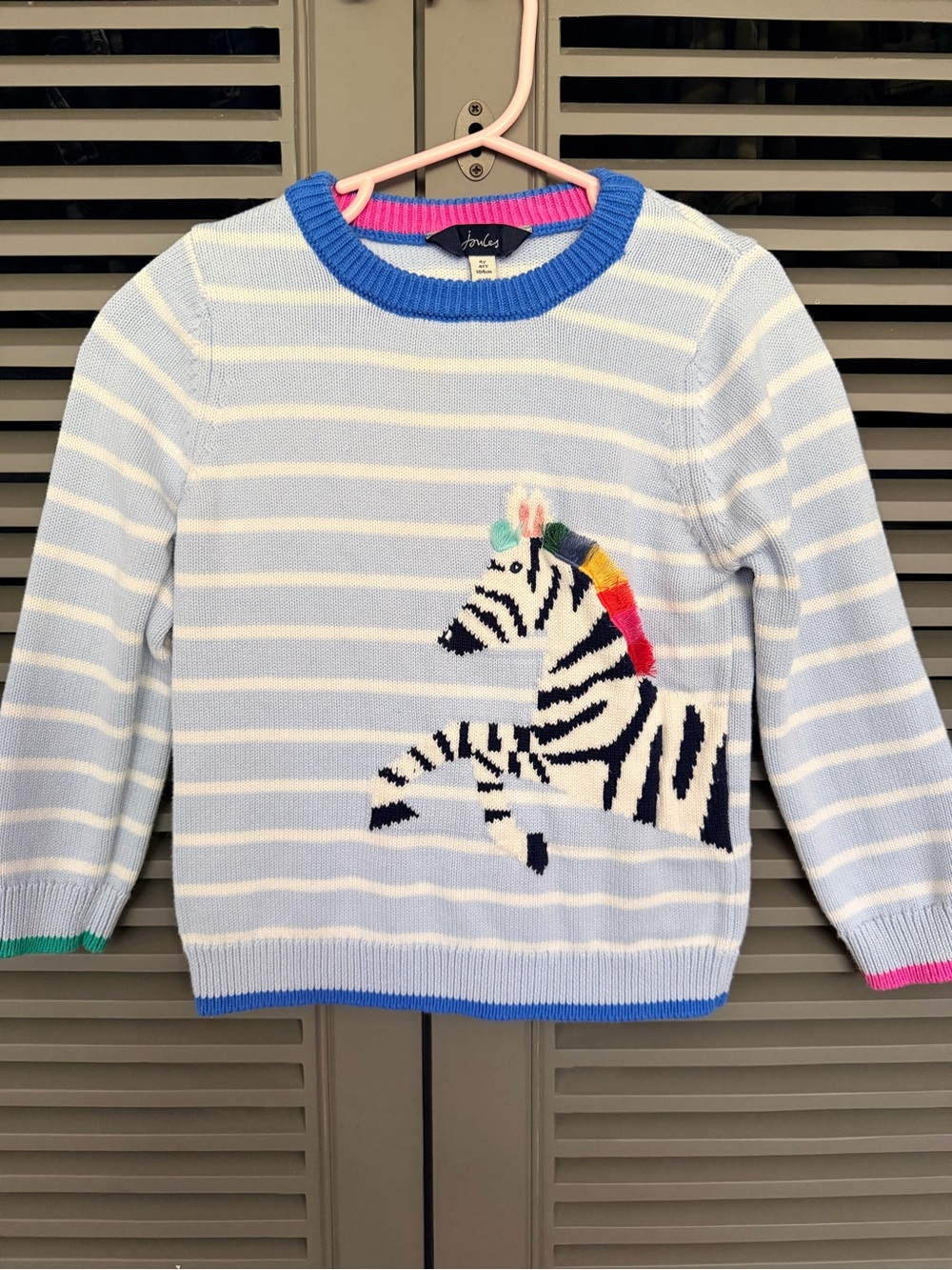 Joules Pale Blue & White Striped Zebra Knit Sweater with Bright Trim